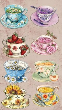 teacups and saucers with flowers on them are painted in pastel colors