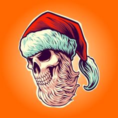 a skull wearing a santa claus hat with long hair and beard on an orange background