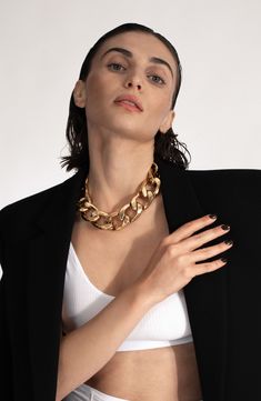 Chunky, oversized links add a contemporary twist to a classic curb chain collar necklace crafted from stainless steel plated in radiant 14-karat gold. 14" length; 3" extender; 1" width Stainless steel/14k-gold plate Imported Large Chain Necklace, Chain Collar, Stainless Steel Plate, Necklace Craft, Curb Chain, Link Necklace, Collar Necklace, Chain Necklace, Gold Plate