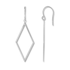 These bold earrings for her feature diamond-inspired shapes styled in 14K white gold. The earrings secure with fishhook backs. Modern Diamond-shaped Earrings For Formal Occasions, Modern Diamond-shaped Earrings For Formal Events, Elegant Silver Geometric Earrings, Elegant Geometric Sterling Silver Jewelry, Elegant Sterling Silver Geometric Jewelry, Modern Diamond Cut Diamond Earrings For Gift, Modern Diamond-shaped Jewelry For Formal Occasions, Modern Diamond-shaped Formal Jewelry, Modern Diamond Cut Drop Earrings