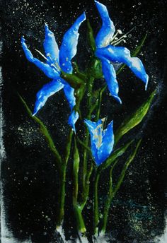 a painting of blue flowers on a black background