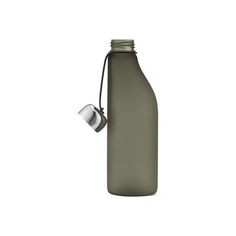 a gray bottle with a silver lid and a black string around the neck on a white background