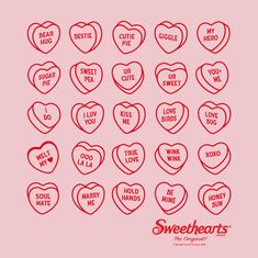 hearts drawn in red on a pink background with the words sweethearts written across them