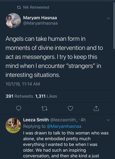 two tweets on twitter with one saying angels can take human form in moments of divine intention and to act as messengers