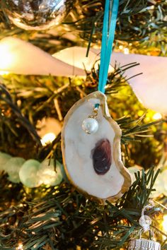 an ornament hanging from a christmas tree in the shape of a seashell