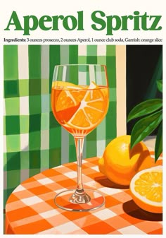 an advertisement for aperol spritz with oranges on a checkered tablecloth