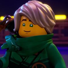 the lego movie character is wearing a green coat and holding a cell phone to her ear