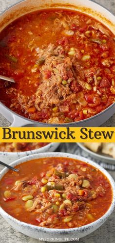 two pictures showing different types of stew in the same pot, one with meat and another with beans