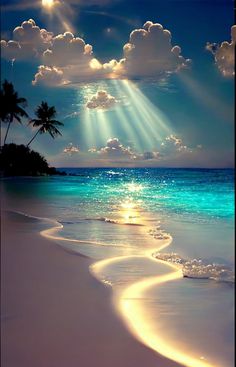 the sun shines through clouds over an ocean beach with white sand and palm trees