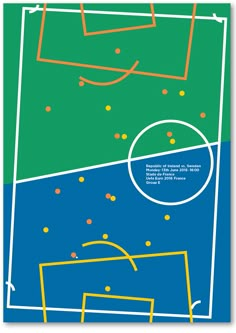 a poster with an image of a soccer field in blue, green and yellow colors