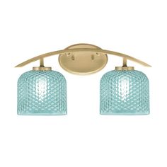 two light bathroom fixture with blue glass shades on the front and back of the lights