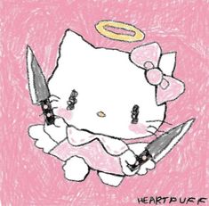 a drawing of a hello kitty holding a knife