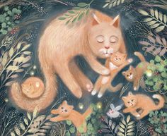 a painting of a cat and her kittens surrounded by plants, flowers and leaves