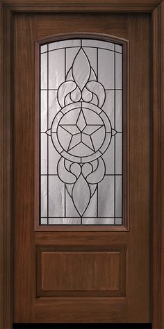 a wooden door with stained glass on it