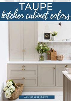 a kitchen with white cabinets and blue lettering that says, taupe kitchen cabinet colors