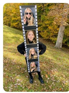 a woman standing in the grass with her hands on her hips and two pictures behind her