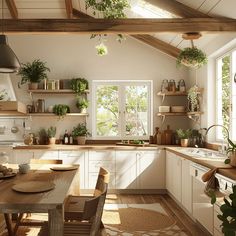 a kitchen filled with lots of white cabinets and wooden floors covered in potted plants