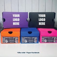 four colorful boxes with the words your logo here are on display in front of a white background