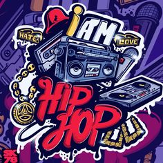 the hip hop logo is surrounded by stickers and music equipment, including an old school boombox