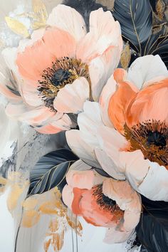 an abstract floral painting with orange and white flowers on a gray, black, gold and white background