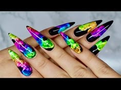 Summer Pigment Nails, Fashion Week Nails 2023, Neon Nail Designs Acrylics Summer, Black And Neon Ombre Nails, Lgbtq Pride Nails, Pigment On Nails, Black Neon Nail Designs, How To Paint Designs On Nails, Neon Powder Nails Designs