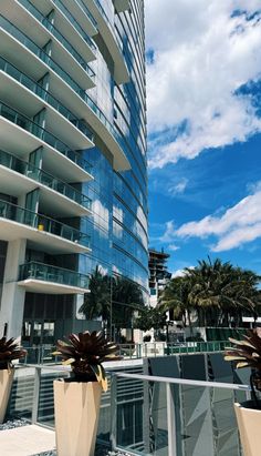 two large planters on the balcony of an apartment building with palm trees and blue sky in the background