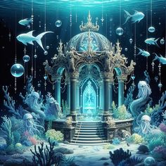 an underwater scene with a fountain, fish and other things in the water around it