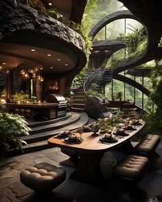 a dining room with a spiral staircase leading up to the upper floor and an outdoor kitchen