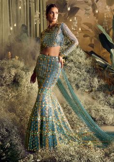 Papa Don'T Preach By Shubhika-Thalia Blue Mermaid Lehenga Set-INDIASPOPUP.COM Lehenga Tops, Mermaid Lehenga, Indian Engagement Outfit, Indian Poses, Bridal Lookbook, Fish Cut, Indian Engagement, Special Outfits