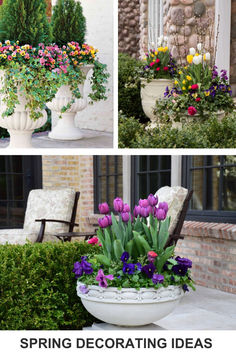 four different pictures of flowers and plants in white vases with the words spring decorating ideas