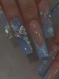 Blue  Collar    Color Nails,3D Nails Embellished   Nail,Hand & Foot Care Sweet 16 Blue Nails, Long Blue Nail Designs, Long Cute Nail Designs, Long Nail Designs Blue, Blue Nails With 3d Flowers, Blue Cute Nail Designs, French Tip Acrylic Nails Blue, Blue Quinceanera Nails, Blue Nails With White Flowers