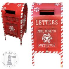 a red mailbox with snowflakes on it and the words letters mail here to north pole