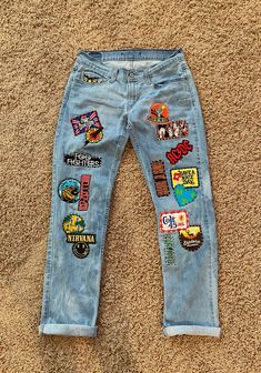 Upcycled Levi's Patched Jeans Custom Reworked Patched - Etsy Jean With Patches, Iron Patches On Jeans, Diy Patch Jeans, Iron On Patch Jeans, Jeans With Patches Diy, Patch Jeans Outfit, Custom Jeans Men, Jean Patches Ideas, Patches On Shoes