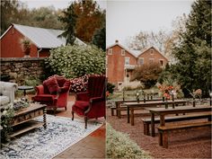 an outdoor seating area with red chairs and wooden tables in front of a brick building