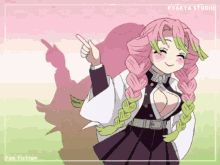 an anime character with pink hair and braids pointing to the side, in front of a