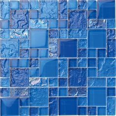 blue glass mosaic tiles are arranged in rows and rectangles to create an interesting pattern