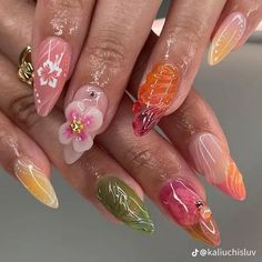 I NEEDDD 3d Nail Designs, Tropical Nails, Beach Nails, Floral Nails, Nails Inspo, 3d Nails, Flower Nails, Ombre Nails, Almond Nails