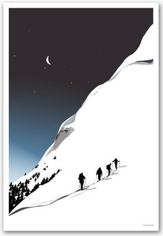 a group of people walking up the side of a snow covered mountain under a moonlit sky