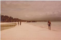 three people are walking on the beach in front of some water and palm trees, while one person is carrying a surfboard