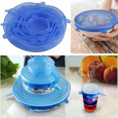 three pictures showing different types of plastic bowls and lids, one is blue the other has peaches in it