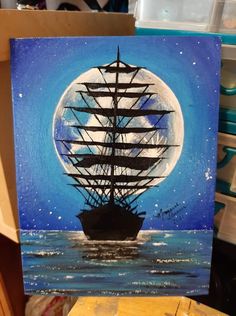 a painting of a ship in the ocean under a full moon