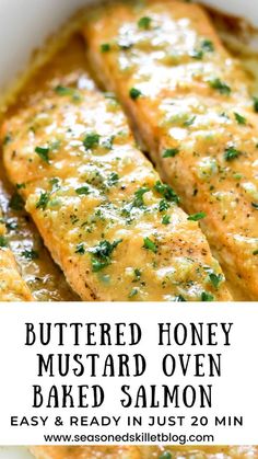 buttered honey mustard covered baked salmon in a white bowl