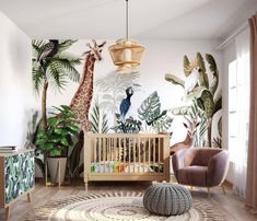 a baby's room decorated with tropical wallpaper and jungle themed furniture, including a crib