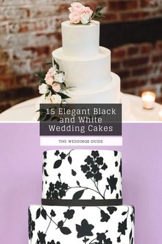 wedding cakes with black and white flowers on them, the words 15 elegant black and white wedding cakes