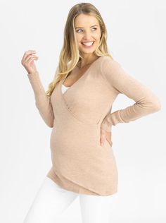 This smart maternity & nursing v-neck knit top is ideal for those colder days.  Finely knit & ultra-soft, the merino wool blend maternity top drapes beautifully.  After your baby is born, the easy front low opening allows discreet access for nursing.  Soft merino wool blend Low V-Neckline with complimentary whi Nursing Style, Nursing Sweater, Sweater Style, Maternity Nursing, Long Sleeve Knit Tops, Maternity Tops, Soft Wool, Front Design, Cold Day