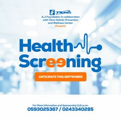 an advertisement for a health screening event with blue and orange colors on the front, white background