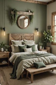 a bedroom with green walls and wooden furniture