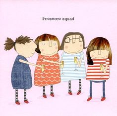 three girls standing next to each other in front of a pink background with the words proseco squad written on it