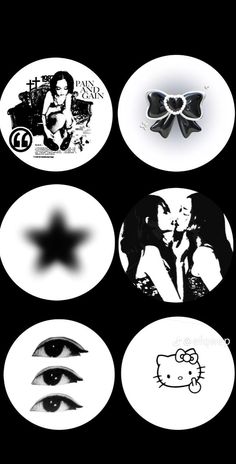 six black and white buttons with images of people on them, all in different styles