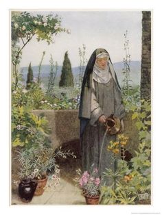 a painting of a woman watering flowers in a garden